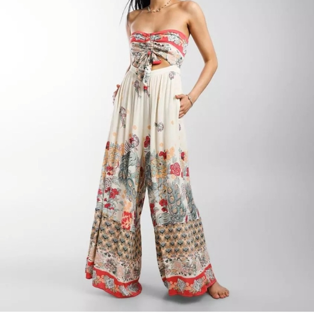 Free People Cream Floral Strapless Jumpsuit with Coral Trim NWOT